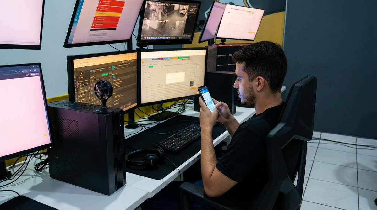 Operador distraído no celular durante o trabalho