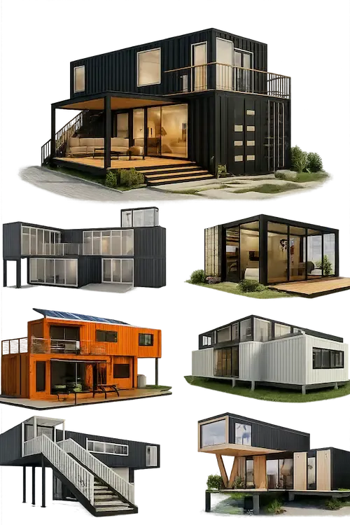 Mockup Principal do Pacote com +100 Projetos de Casa Container em formato digital, exibindo tablets e celulares com as plantas e renders