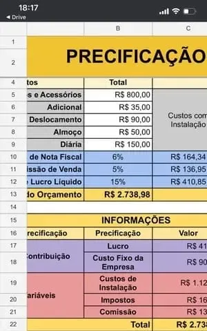 Prévia da Planilha de Precificação no Celular