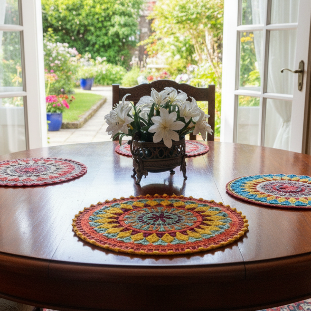 Sousplat Cusco Variação Ocean - tons azuis e verdes em mosaico crochet