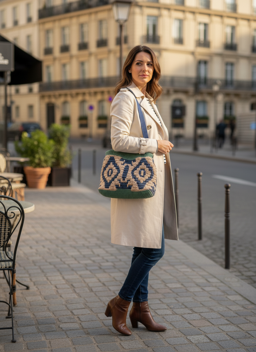 Mesa elegantemente posta com o Sousplat Cusco em Mosaico Crochet, mostrando detalhes intrincados da técnica