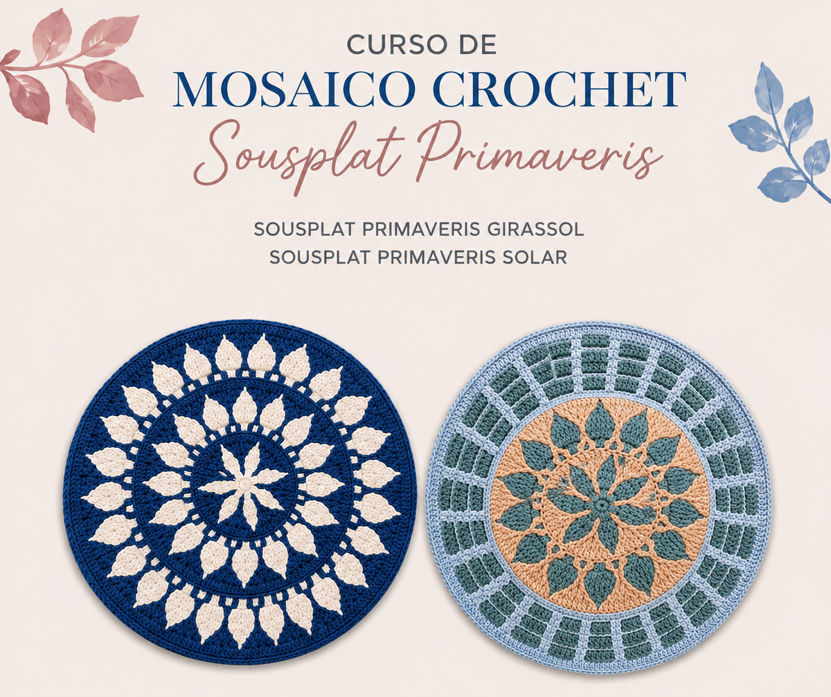 Mesa posta com sousplat floral em mosaico crochet