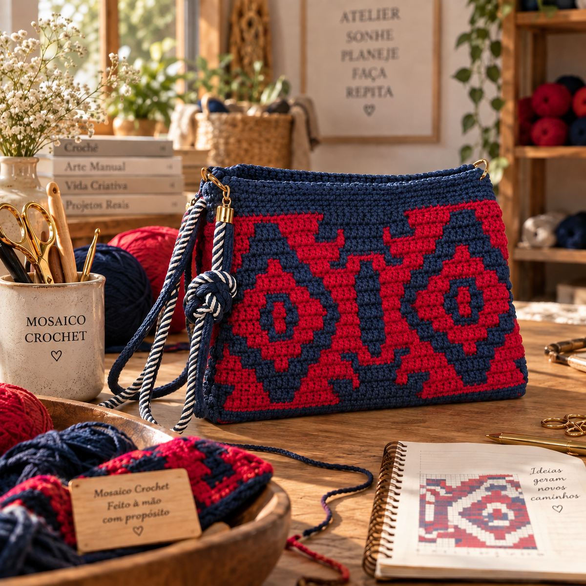 Mesa elegantemente posta com o Sousplat Cusco em Mosaico Crochet, mostrando detalhes intrincados da técnica