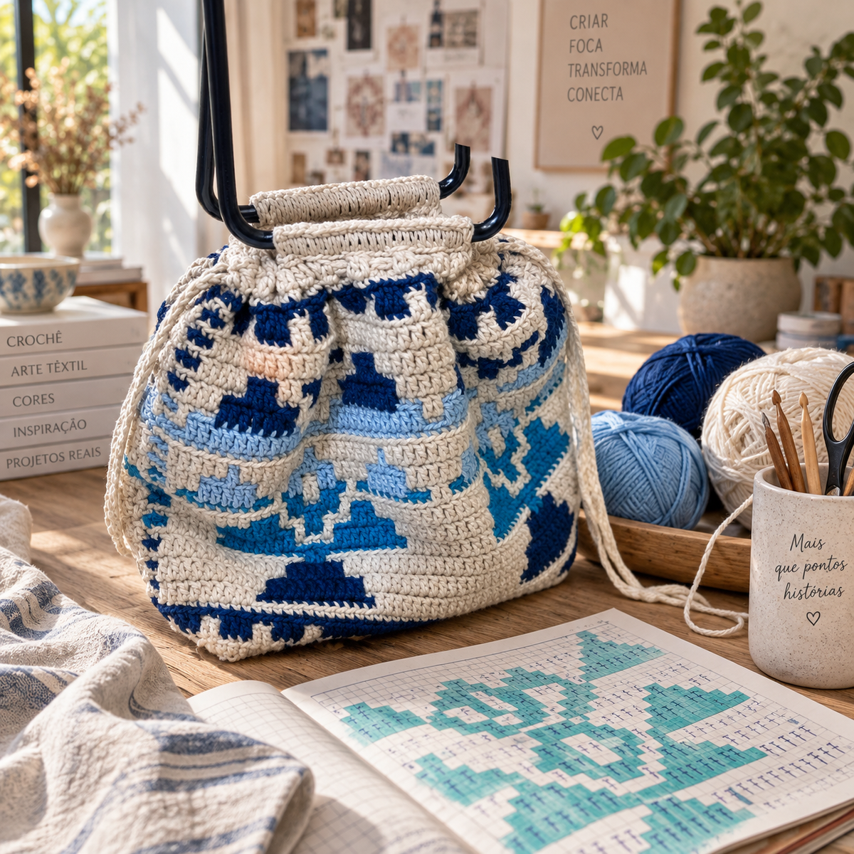 Sousplat Cusco Variação Ocean - tons azuis e verdes em mosaico crochet