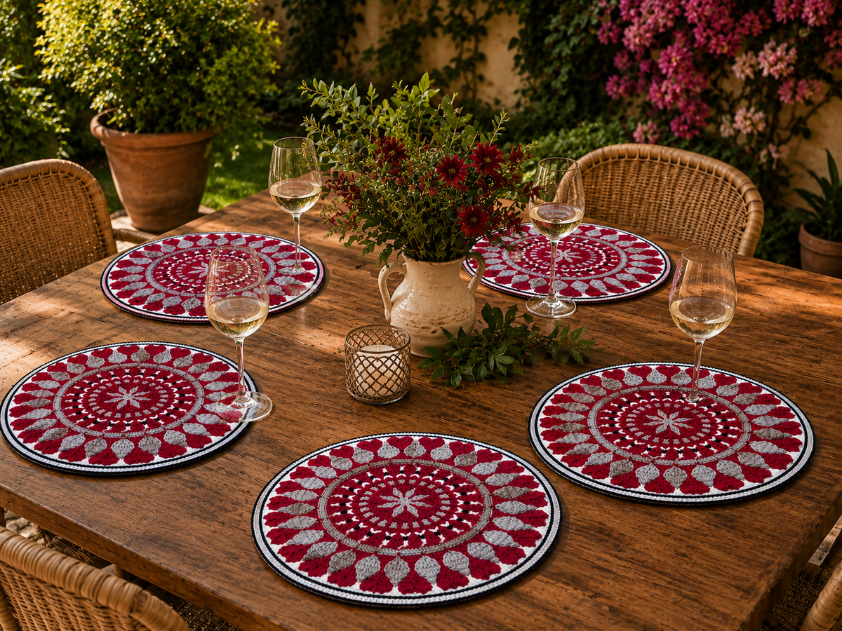 Mesa elegantemente posta com o Sousplat Cusco em Mosaico Crochet, mostrando detalhes intrincados da técnica