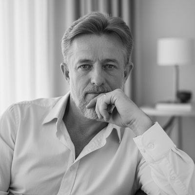 Daniel sentado com a mão no queixo