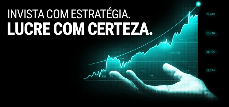  Gráfico de linha ascendente em tons de azul e verde ciano, indicando crescimento financeiro, sobreposto a uma mão em silhueta, em fundo escuro. À esquerda, o texto em branco diz: 