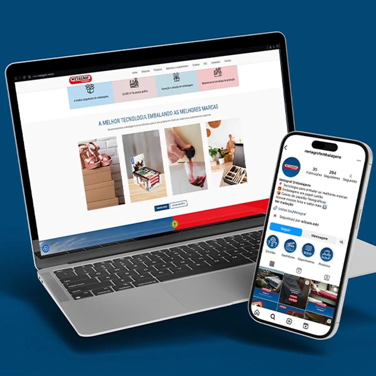 Laptop aberto exibindo a página inicial do site da Metagraf, cliente da W3COM, com foco em tecnologia de embalagens. Ao lado, um smartphone exibe o perfil do Instagram da Metagraf, mostrando a biografia e o feed de publicações.