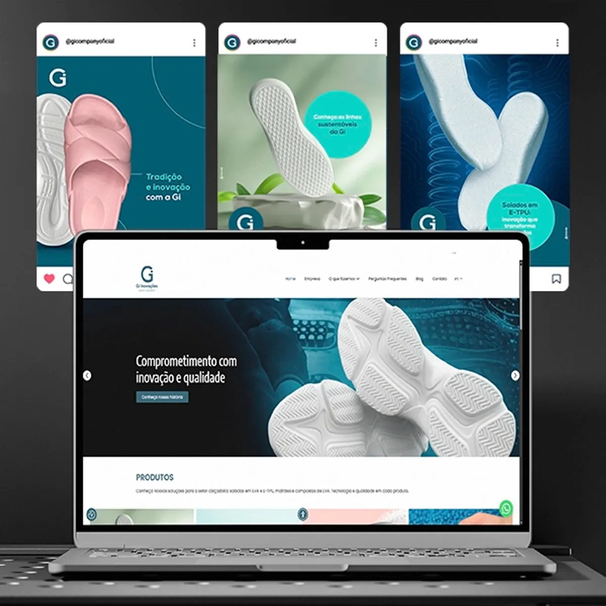Laptop aberto exibindo a página inicial do site da Gi - Inovações para calçados, cliente da W3COM, com foco em calçados e a frase 