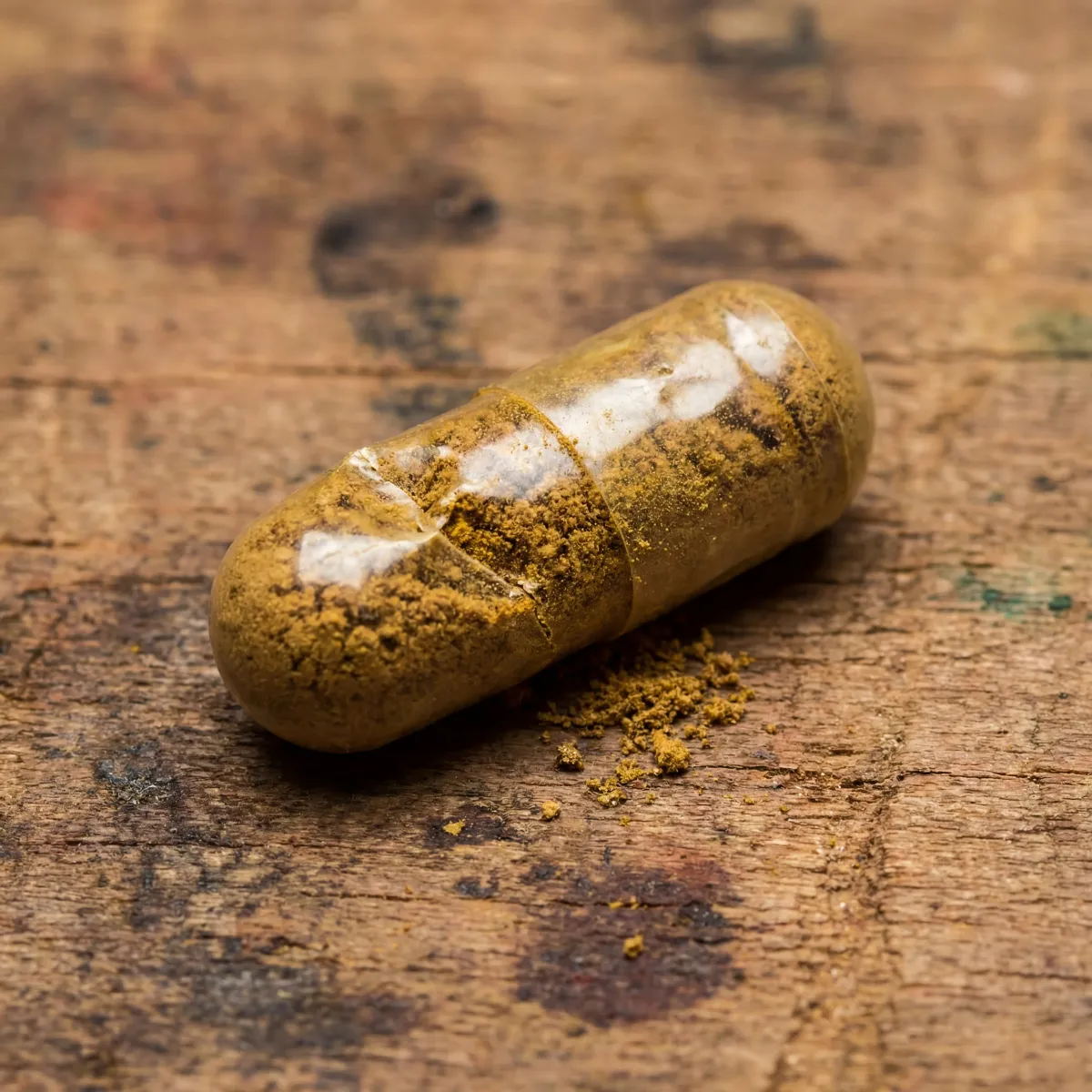 Ilustração de uma cápsula cinza opaca representando suplemento em pó com parede espessa