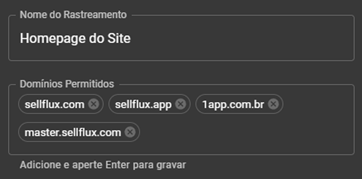 Interface de configuração de domínios personalizados SellTracking