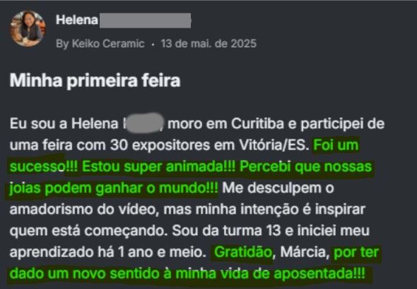 Print de depoimento real da Helena falando sobre o sentido na aposentadoria