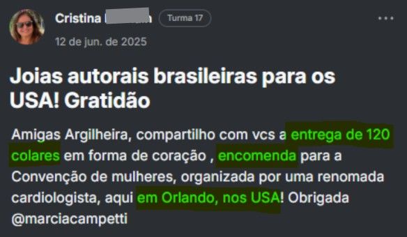 Print de depoimento real da Cristina sobre entrega de encomenda nos Estados Unidos
