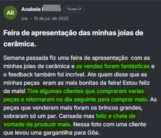 Print de depoimento real da Anabela comemorando as vendas na feira