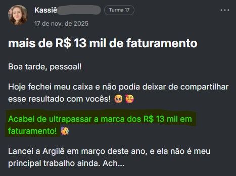 Print de depoimento real da Kassiê faturando mais de 13 mil