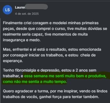 Print de depoimento real da Lauren falando sobre melhora emocional e superação